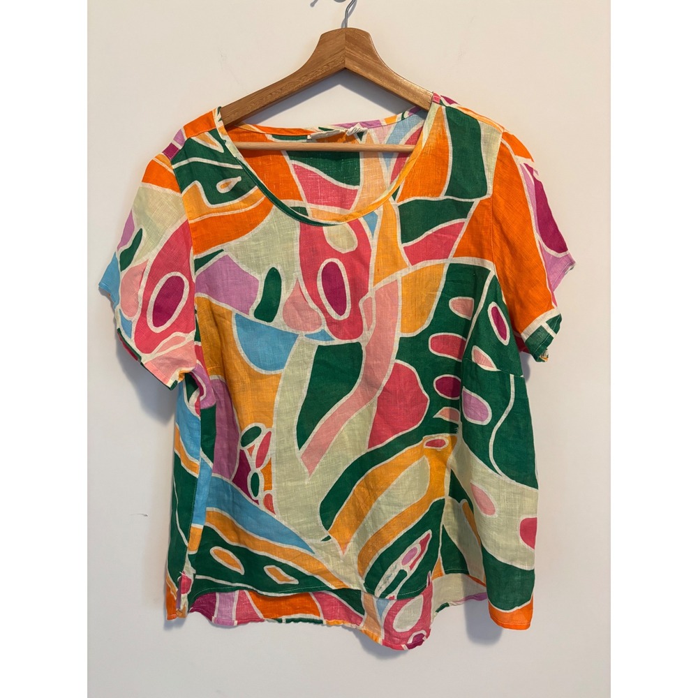 Christian Siriano New York 100% Linen Abstract Tropical Leaf Print Top 1X